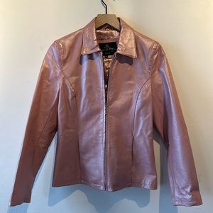 Y2K Metallic Pink Leather Moto Biker Jacket
